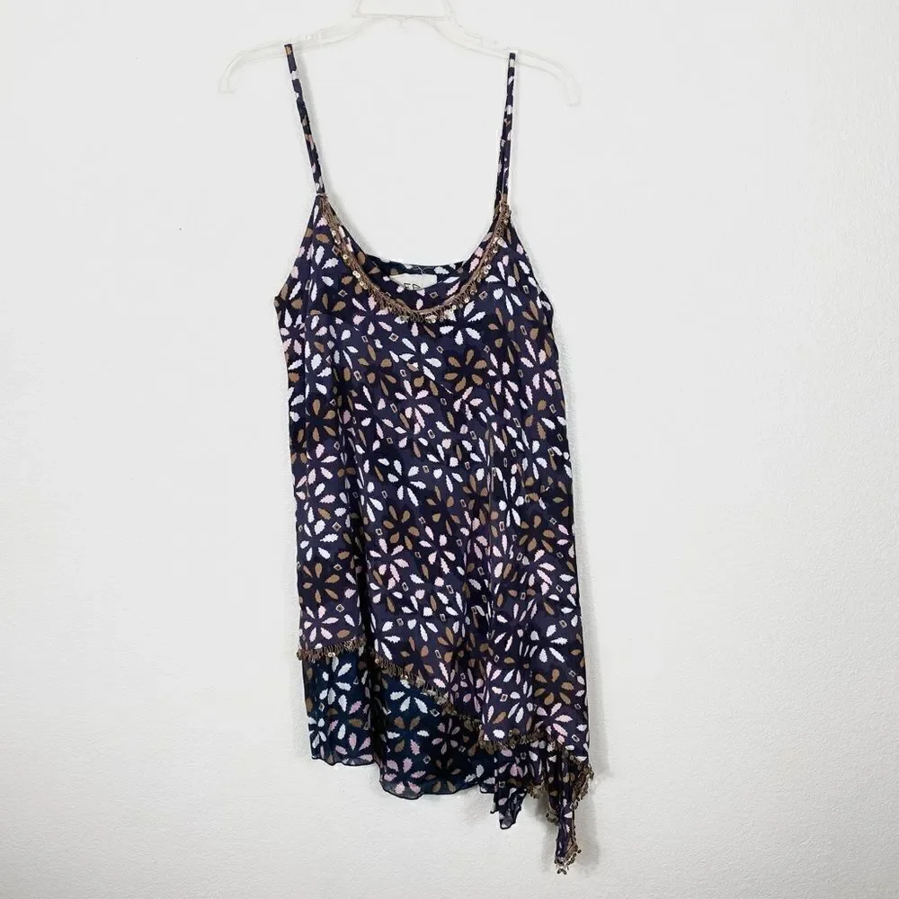 Free People Navy Floral Print Asymmetric Layered Mini Dress